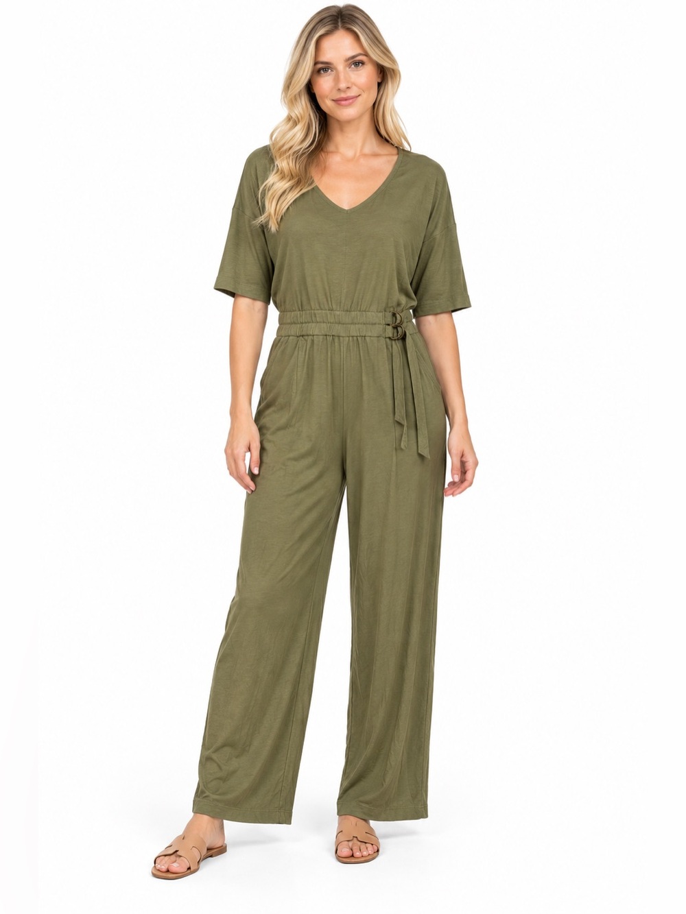Umgee NWT Size Large Women's Olive V-Neck Wide-Leg Jumpsuit with Belt